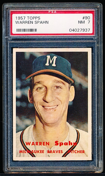 1957 Topps Baseball- #90 Warren Spahn, Braves- PSA NM 7