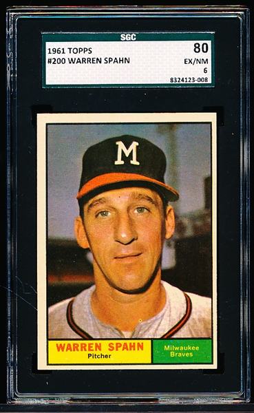 1961 Topps Baseball- #200 Warren Spahn, Braves- SGC 80 (Ex/NM 6)