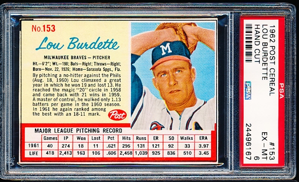 1962 Post Cereal Bb- #153 Lou Burdette, Braves- PSA Ex-Mt 6