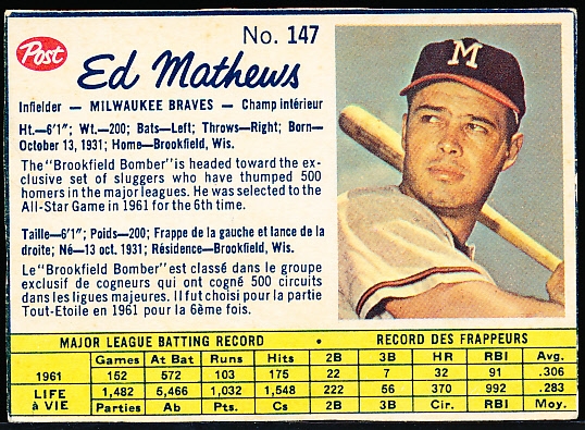 1962 Post Canadian Bb- #147 Ed Mathews, Braves