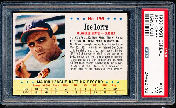 1963 Post Cereal Bb- #156 Joe Torre, Braves- PSA NM 7