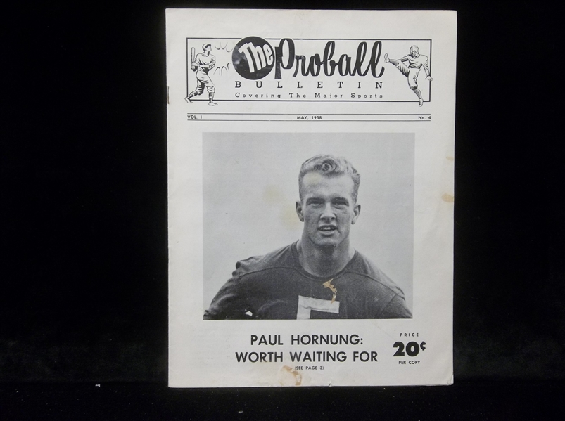 1958 May The Proball Bulletin- Paul Hornung, Packers Cover