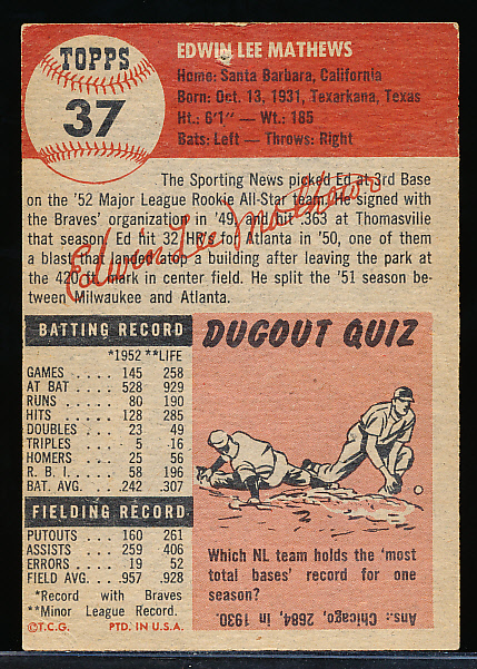 Lot Detail - 1953 Topps Baseball- #37 Eddie Mathews, Braves