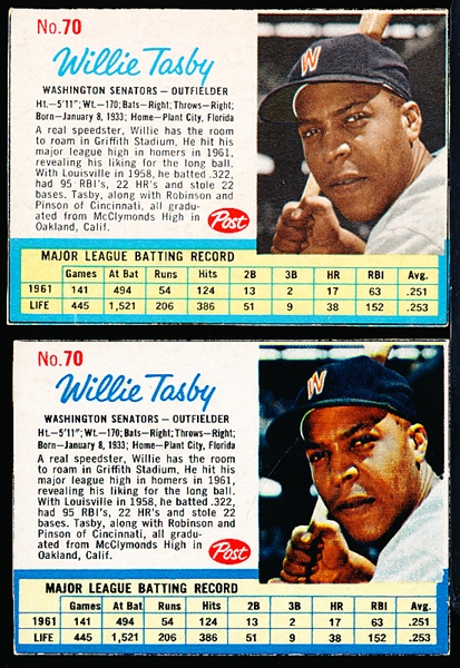 1962 Post Cereal Bb- #70 Willie Tasby, Washington- 2 Diff Variation