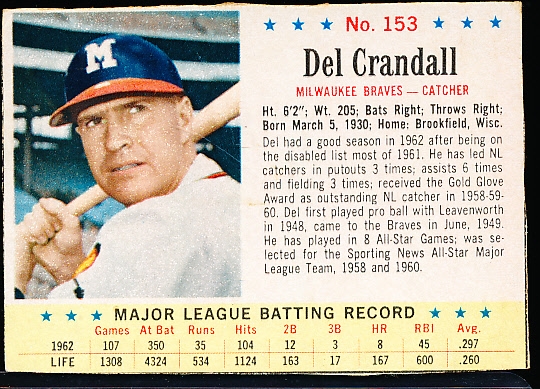 1963 Post Cereal Bb- #153 Del Crandall, Braves