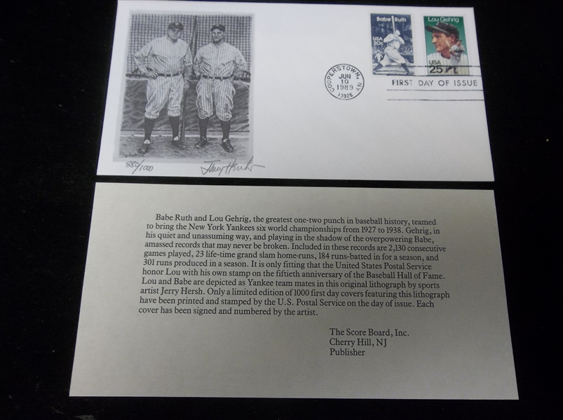 June 10, 1989 Babe Ruth/ Lou Gehrig Ltd. Ed. FDC Signed by Artist Jerry Hersh- #880/1,000 Made! 