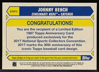 2017 Topps National Sports Collector’s Convention VIP Card- #87VIP-2 Johnny Bench, Reds