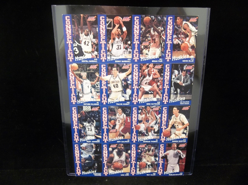 1993 Connecticut Huskies Men’s Basketball Perforated Sheet of 16 Cards