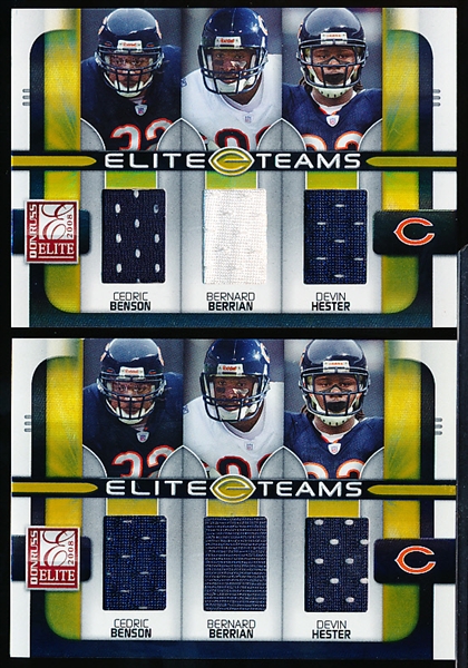 2008 Donruss Elite Ftbl.- “Elite Teams Triple Jersey” Bears (C. Benson/ B. Berrian/ D. Hester)- 2 Cards