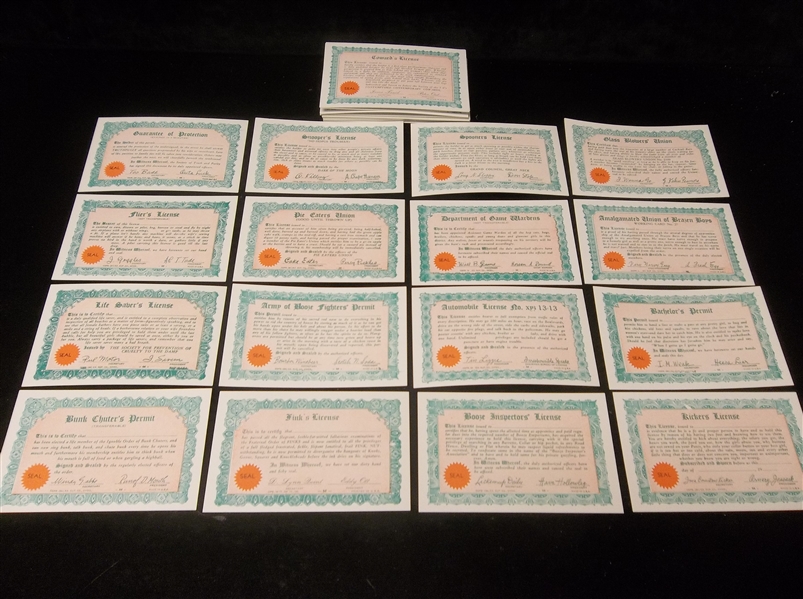 1970’s Reissue of 1940’s Exhibit Non-Sports “Licenses and Permits”- 1 Complete? Set  of 32 Diff. Cards