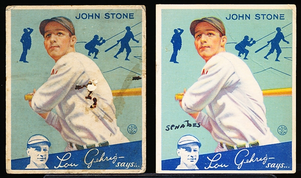 1934 Goudey Baseball- #40 John Stone, Washington- 2 cards