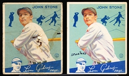 1934 Goudey Baseball- #40 John Stone, Washington- 2 cards