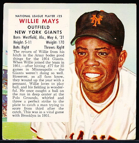 1954 Red Man Baseball- No Tab- NL #25 Willie Mays, Giants- May expiration
