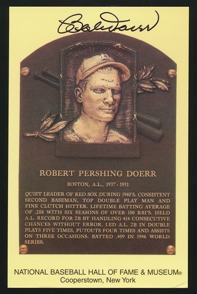 Autographed Bobby Doerr BB HOF Yellow Plaque Postcard