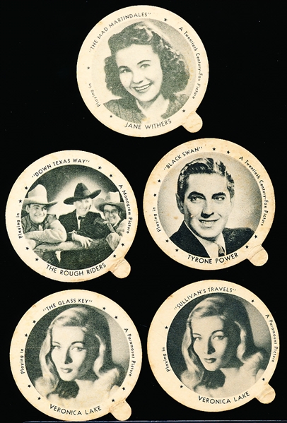 1942 Dixie Cup 2-1/4” Diameter “Movie Stars” (F5-8) Ice Cream Lids- 5 Diff. Hoodsie Ice Cream Variety