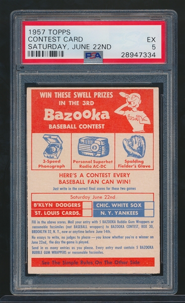 1957 Topps Baseball- Contest Card- June 22- PSA Ex 5 