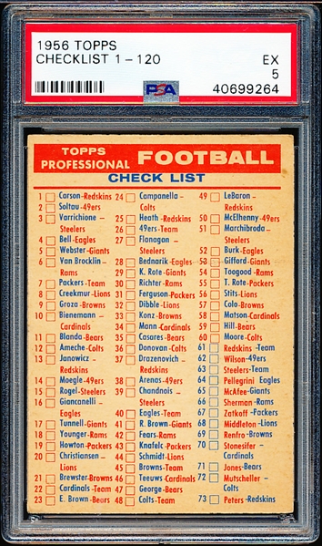 1956 Topps Football- Checklist #1-120- PSA Ex 5 