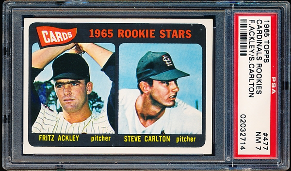 1965 Topps Baseball- #477 Cardinals Rookies- Steve Carlton Rookie- PSA NM 7