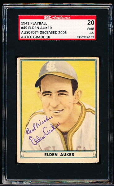 1941 Playball Bb Autographed- #45 Elden Auker, Browns-“Best Wishes, Elden Auker- SGC Slabbed- Autograph Grade 10