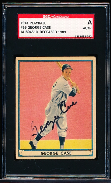 1941 Playball Bb Autographed- #69 George Case, Washington- SGC Certified “A” & Encapsulated