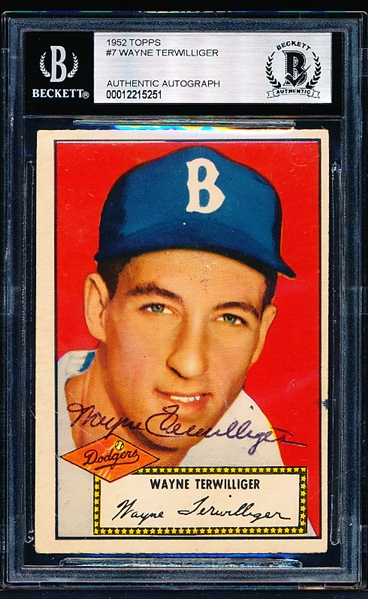 1952 Topps Baseball Autographed- #7 Wayne Terwilliger, Dodgers- Beckett Authenticated & Encapsulated