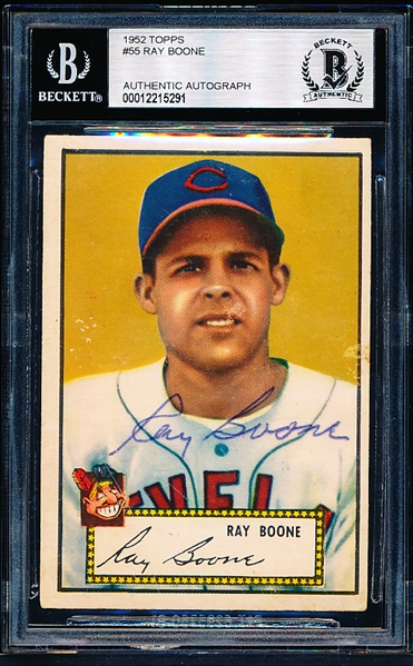 1952 Topps Baseball Autographed- #55 Ray Boone, Cleveland- Beckett Authenticated & Encapsulated
