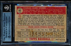 1952 Topps Baseball Autographed- # 62 Chuck Stobbs, White Sox- Beckett Authenticated & Encapsulated