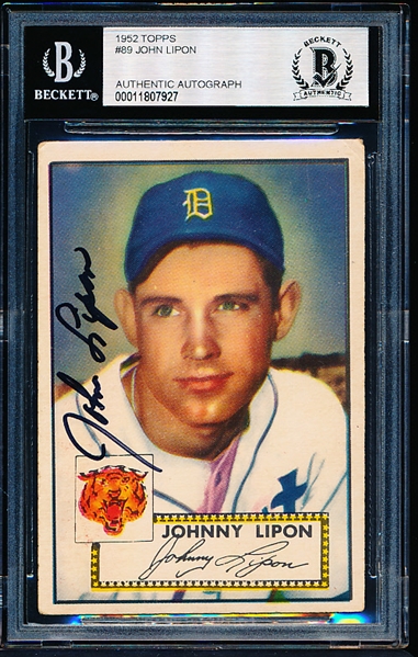 1952 Topps Baseball Autographed- # 89 John Lipon, Tigers- Beckett Authenticated & Encapsulated