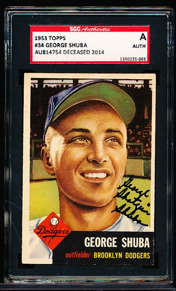 1953 Topps Baseball Autographed- #34 George Shuba, Dodgers- Signed “George Shotgun Shuba”- SGC Authenticated & Encapsulated