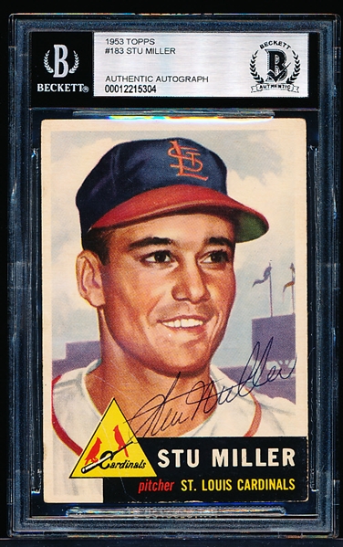 1953 Topps Baseball Autographed- #183 Stu Miller, Cardinals- Beckett Authenticated & Encapsulated