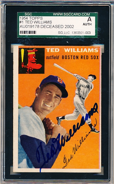 1954 Topps Baseball Autographed- #1 Ted Williams, Red Sox- SGC Authenticated & Encapsulated