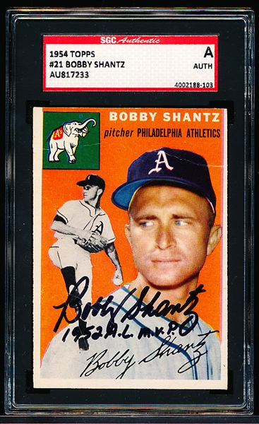 1954 Topps Baseball Autographed- #21 Bobby Shantz, Phila A’s- “Bobby Shantz 1952 AL MVP”- SGC Authenticated & Encapsulated