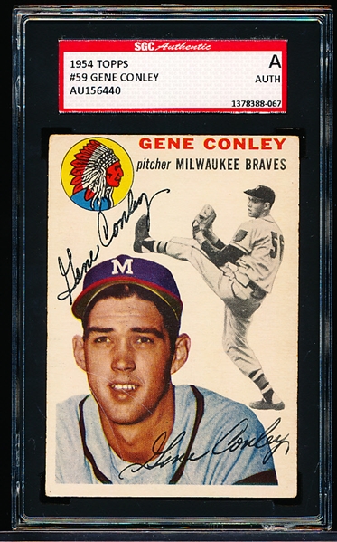 1954 Topps Baseball Autographed- #59 Gene Conley, Braves- SGC Authenticated & Encapsulated