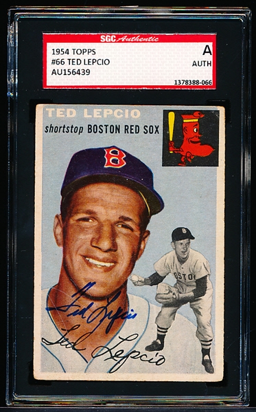 1954 Topps Baseball Autographed- #66 Ted Lepcio, Boston Red Sox- SGC Authenticated & Encapsulated