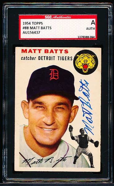 1954 Topps Baseball Autographed- #88 Matt Batts, Tigers- SGC Authenticated & Encapsulated