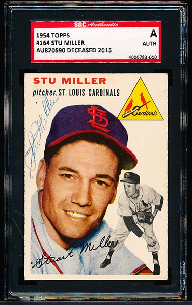 1954 Topps Baseball Autographed- #164 Stu Miller, Cardinals- SGC Authenticated & Encapsulated