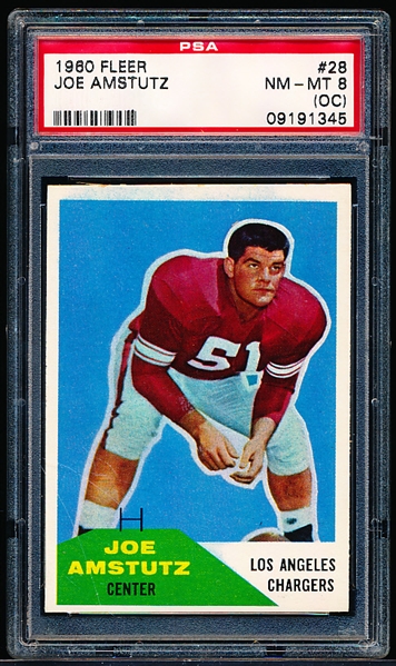 1960 Fleer Football- #28 Joe Amstutz, LA Chargers- PSA Nm-Mt 8 (OC)