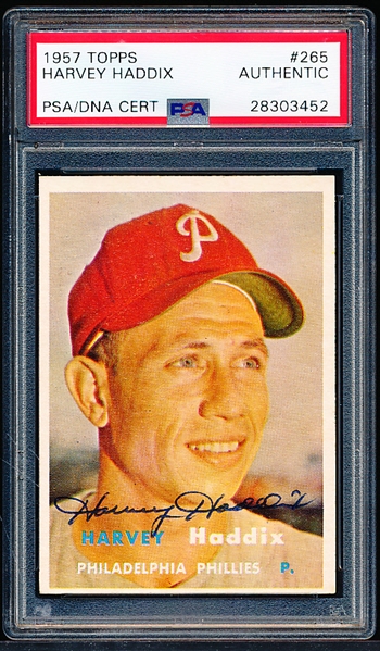 Autographed 1957 Topps Baseball- #265 Harvey Haddix, Phillies- PSA/DNA Certified & Encapsulated