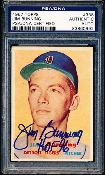 Autographed 1957 Topps Baseball- #338 Jim Bunning, Tigers- Rookie!- PSA/ DNA Certified & Encapsulated