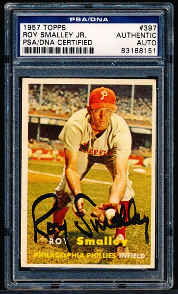 Autographed 1957 Topps Baseball- #397 Roy Smalley Jr, Phillies- PSA/ DNA Certified & Encapsulated