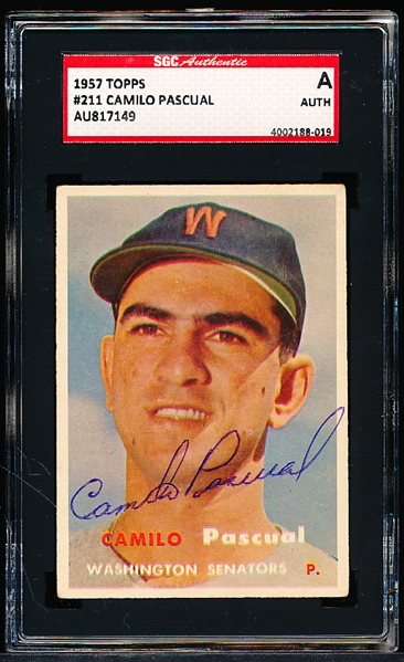 Autographed 1957 Topps Baseball- #211 Camilo Pascual, Washington- SGC Certified & Encapsulated