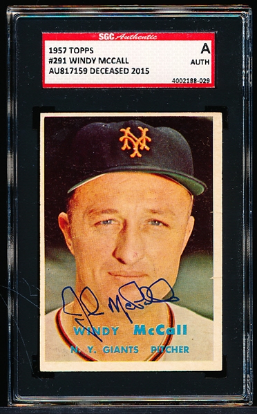 Autographed 1957 Topps Baseball- #291 Windy McCall, Giants - SGC Certified & Encapsulated
