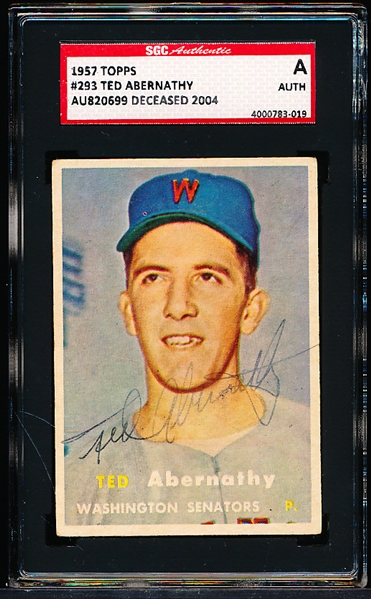 Autographed 1957 Topps Baseball- #293 Ted Abernathy, Washington- SGC Certified & Encapsulated