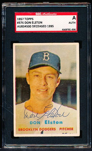 Autographed 1957 Topps Baseball- #376 Don Elston, Brooklyn- SGC Certified & Encapsulated