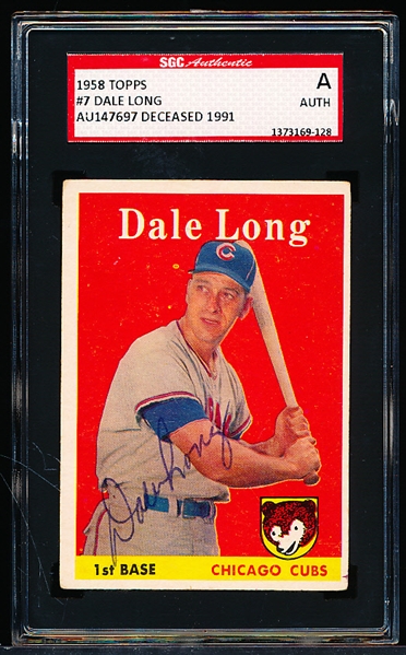 Autographed 1958 Topps Bb- #7 Dale Long, Cubs- SGC Certified & Encapsulated