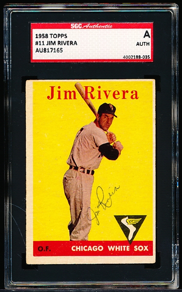 Autographed 1958 Topps Bb- #11 Jim Rivera, White Sox- SGC Certified & Encapsulated