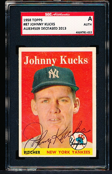 Autographed 1958 Topps Bb- #87 Johnny Kucks, Yankees- SGC Certified & Encapsulated