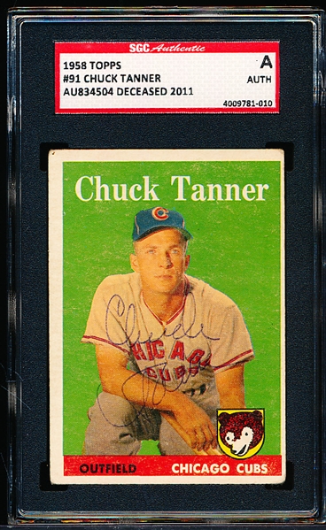 Autographed 1958 Topps Bb- #91 Chuck Tanner, Cubs- SGC Certified & Encapsulated