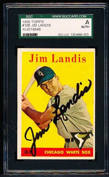 Autographed 1958 Topps Bb- #108 Jim Landis, White Sox- SGC Certified & Encapsulated