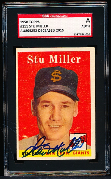 Autographed 1958 Topps Bb- #111 Stu Miller, Giants- SGC Certified & Encapsulated